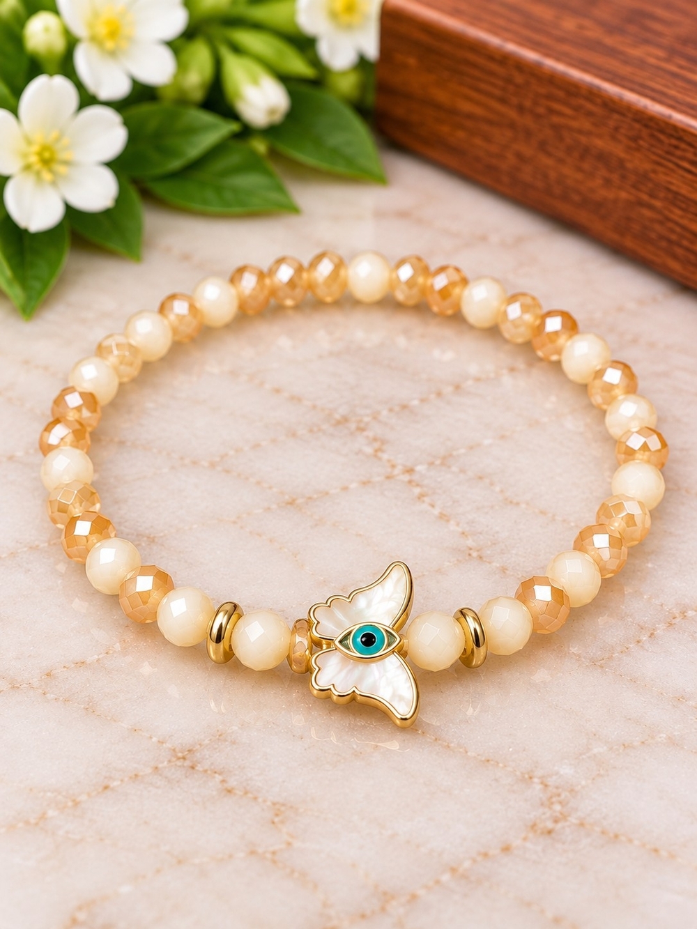 Gold Butterfly Evil Eye Beaded Bracelet - Women Jewelry